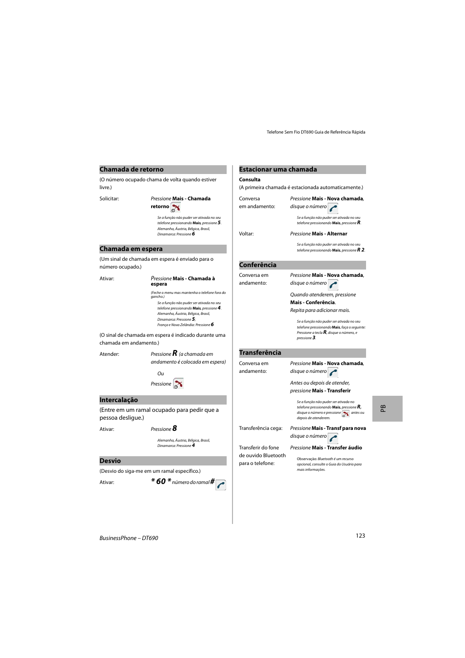 Pb chamada de retorno, Chamada em espera, Intercalação | Desvio, Estacionar uma chamada, Conferência, Transferência | AASTRA DT690 for BusinessPhone Quick Reference Guide User Manual | Page 123 / 176