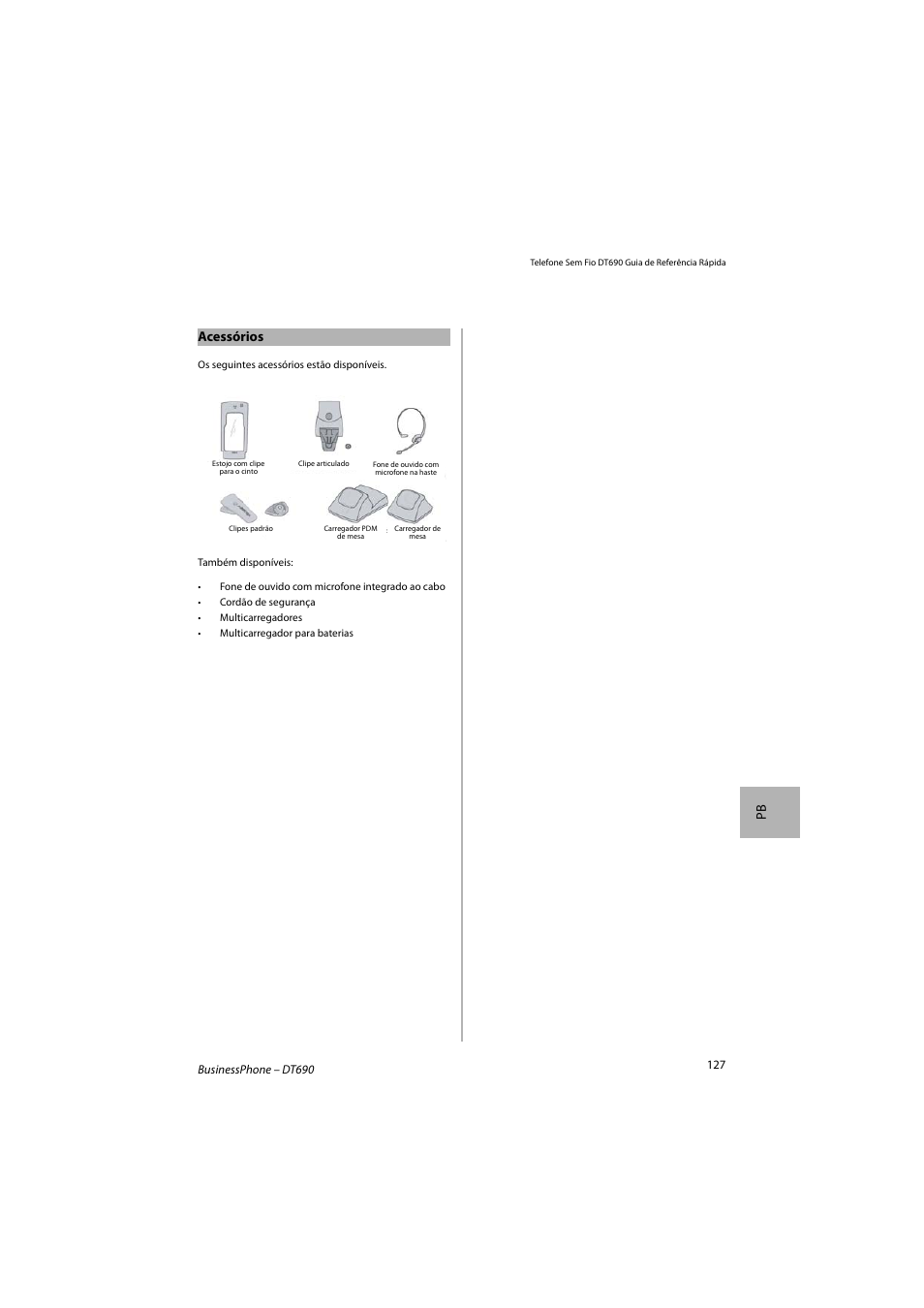 Pb acessórios | AASTRA DT690 for BusinessPhone Quick Reference Guide User Manual | Page 127 / 176