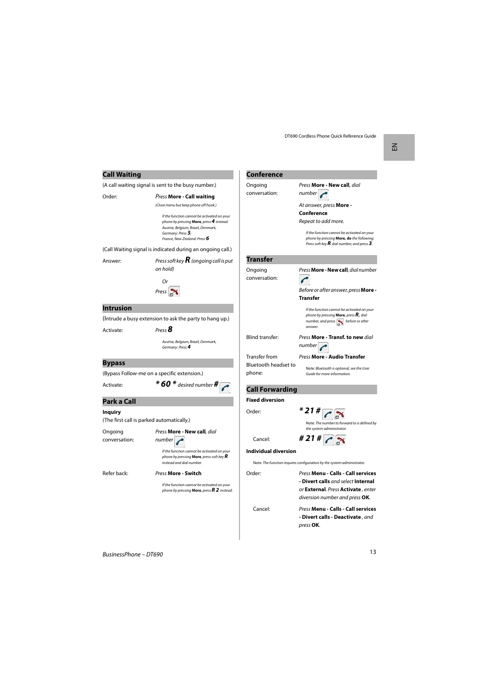 En call waiting, Intrusion, Bypass | Park a call, Conference, Transfer, Call forwarding | AASTRA DT690 for BusinessPhone Quick Reference Guide User Manual | Page 13 / 176