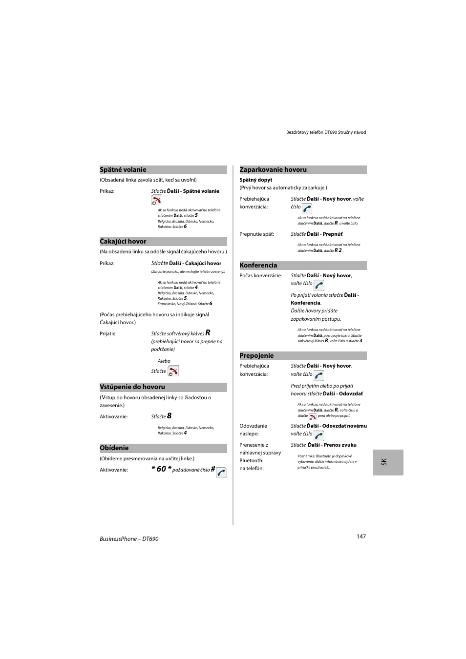 Sk spätné volanie, Čakajúci hovor, Vstúpenie do hovoru | Obídenie, Zaparkovanie hovoru, Konferencia, Prepojenie | AASTRA DT690 for BusinessPhone Quick Reference Guide User Manual | Page 147 / 176