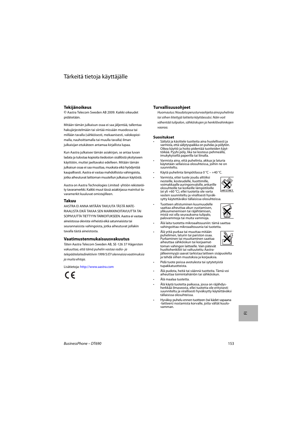 Suomi, Tärkeitä tietoja käyttäjälle | AASTRA DT690 for BusinessPhone Quick Reference Guide User Manual | Page 153 / 176
