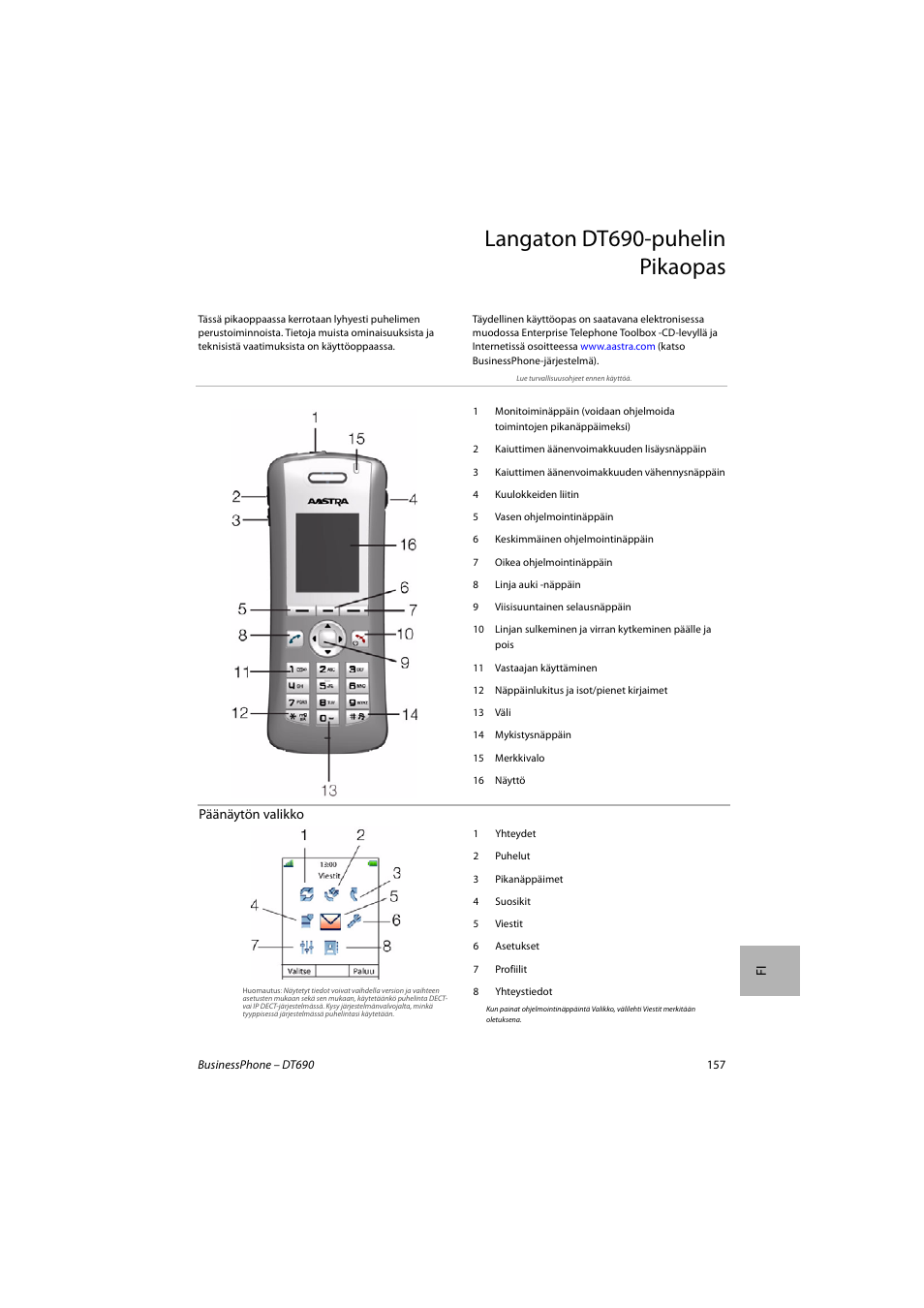 Langaton dt690-puhelin pikaopas | AASTRA DT690 for BusinessPhone Quick Reference Guide User Manual | Page 157 / 176