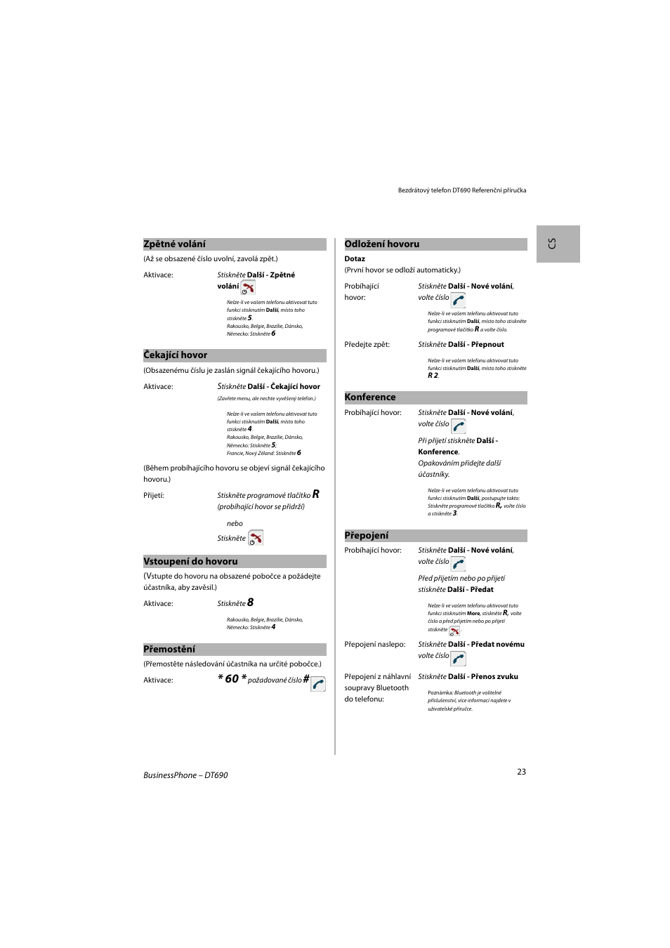 Cs zpětné volání, Čekající hovor, Vstoupení do hovoru | Přemostění, Odložení hovoru, Konference, Přepojení | AASTRA DT690 for BusinessPhone Quick Reference Guide User Manual | Page 23 / 176