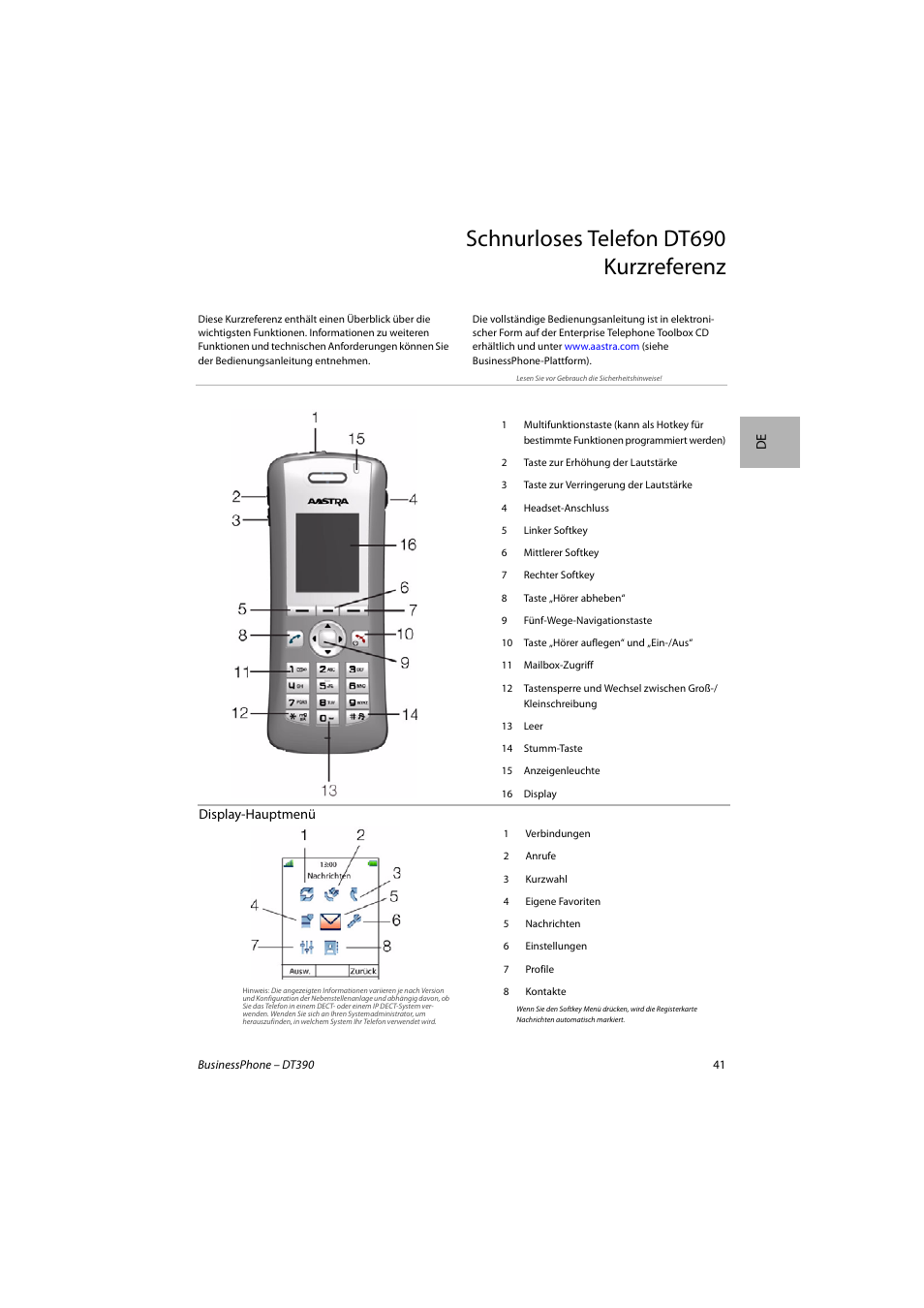 Schnurloses telefon dt690 kurzreferenz | AASTRA DT690 for BusinessPhone Quick Reference Guide User Manual | Page 41 / 176