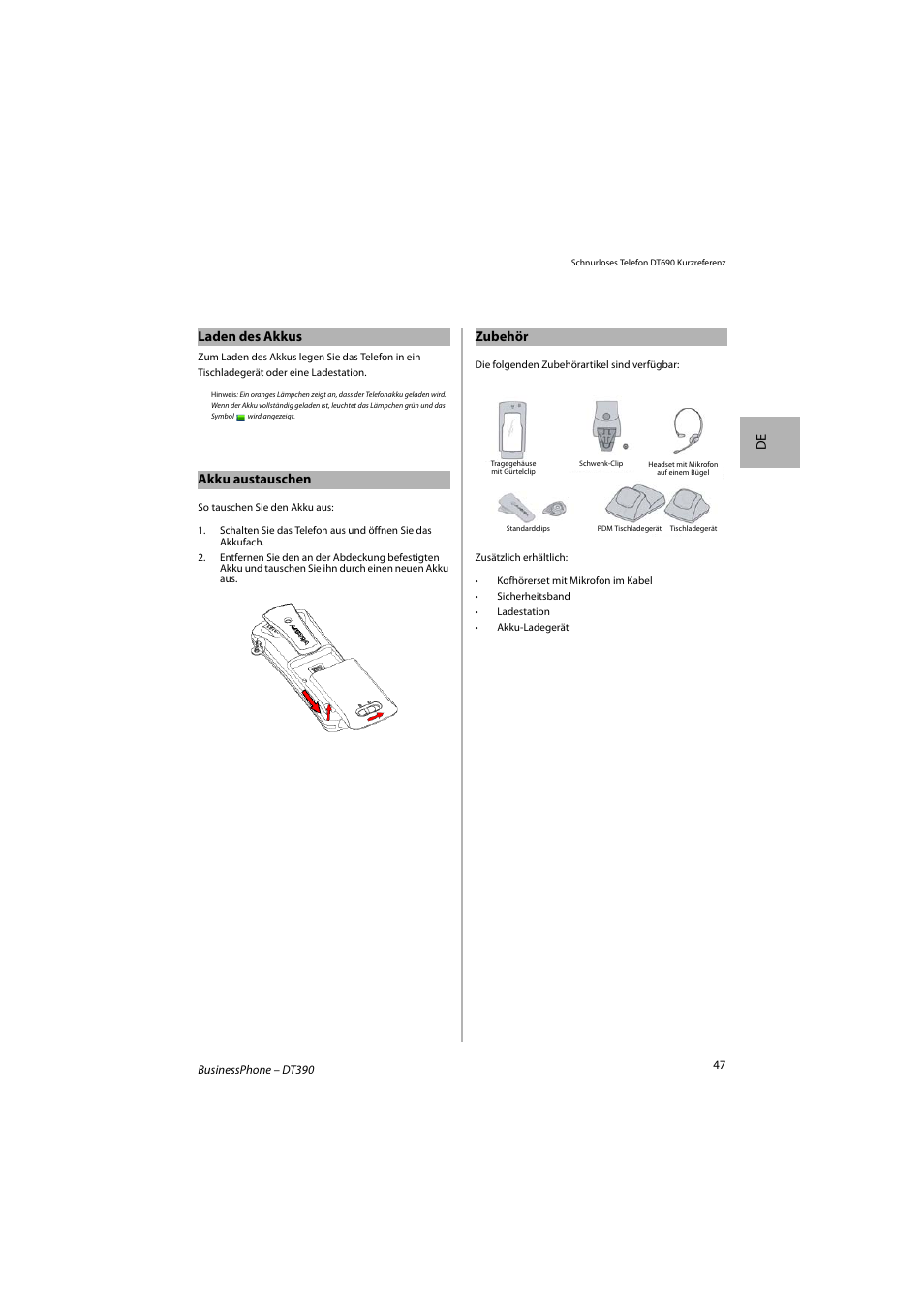 De laden des akkus, Akku austauschen, Zubehör | AASTRA DT690 for BusinessPhone Quick Reference Guide User Manual | Page 47 / 176