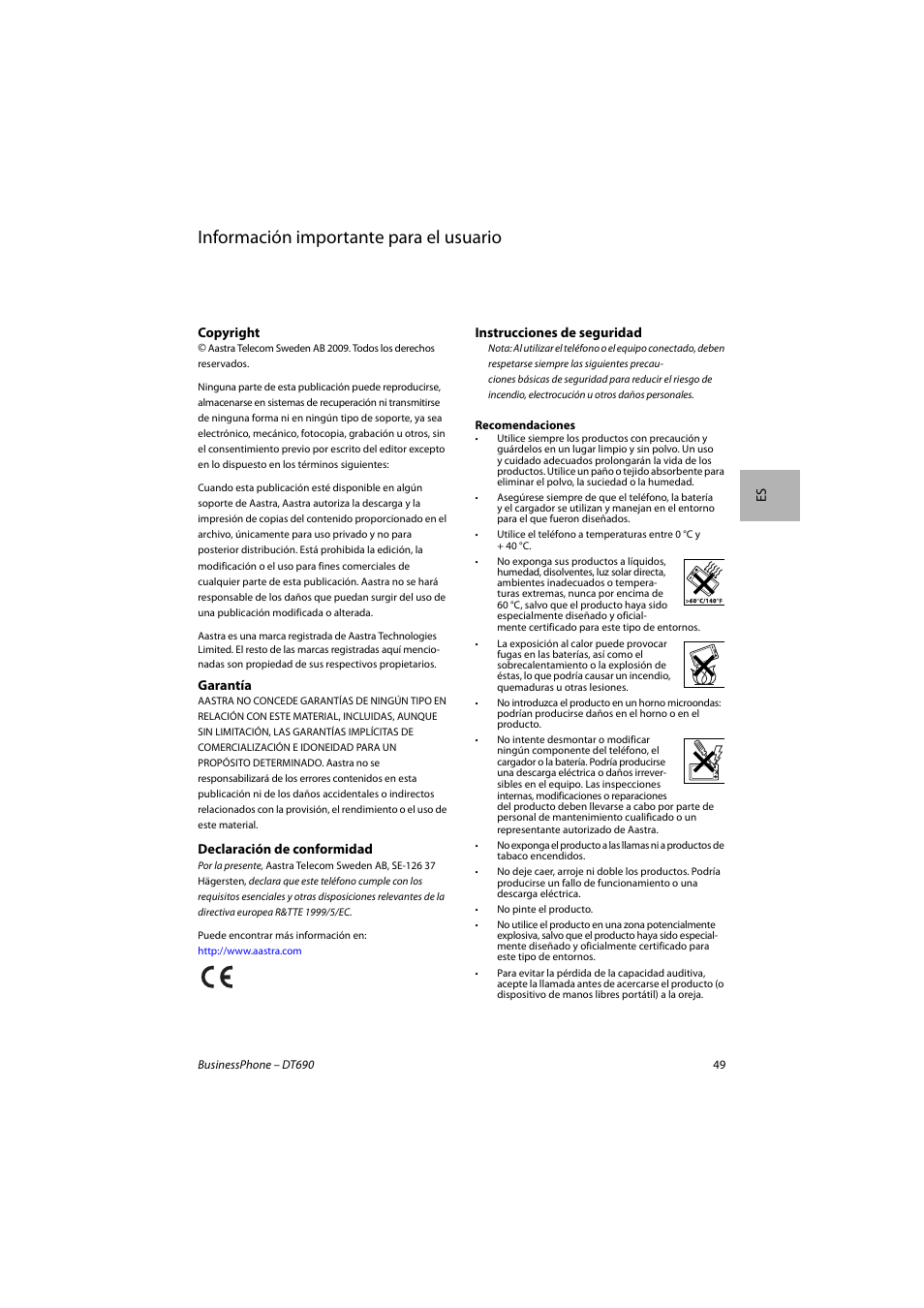 Español, Información importante para el usuario | AASTRA DT690 for BusinessPhone Quick Reference Guide User Manual | Page 49 / 176
