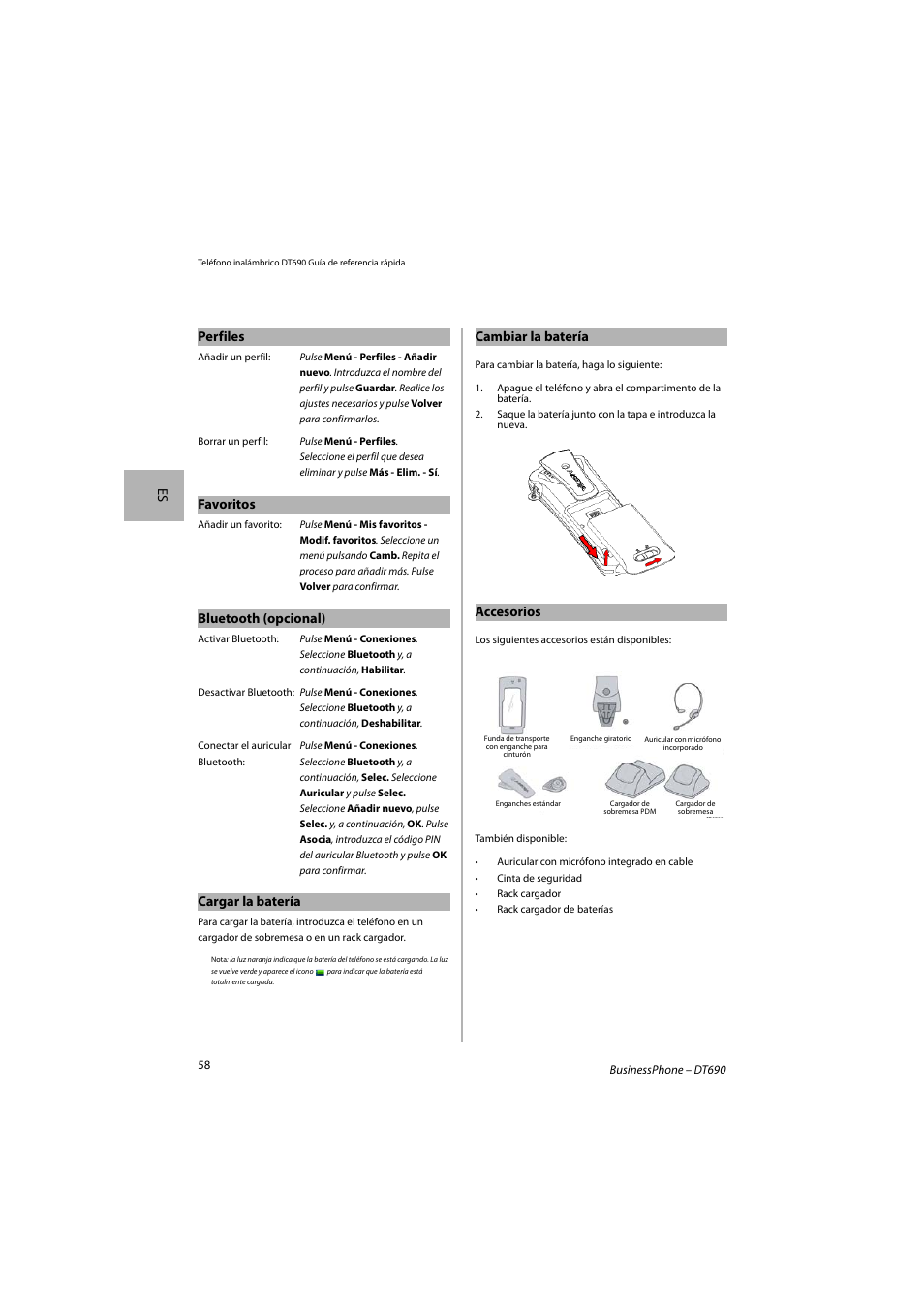 Es perfiles, Favoritos, Bluetooth (opcional) | Cargar la batería, Cambiar la batería, Accesorios | AASTRA DT690 for BusinessPhone Quick Reference Guide User Manual | Page 58 / 176