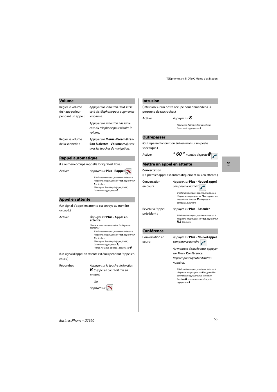 Fr volume, Rappel automatique, Appel en attente | Intrusion, Outrepasser, Mettre un appel en attente, Conférence | AASTRA DT690 for BusinessPhone Quick Reference Guide User Manual | Page 65 / 176