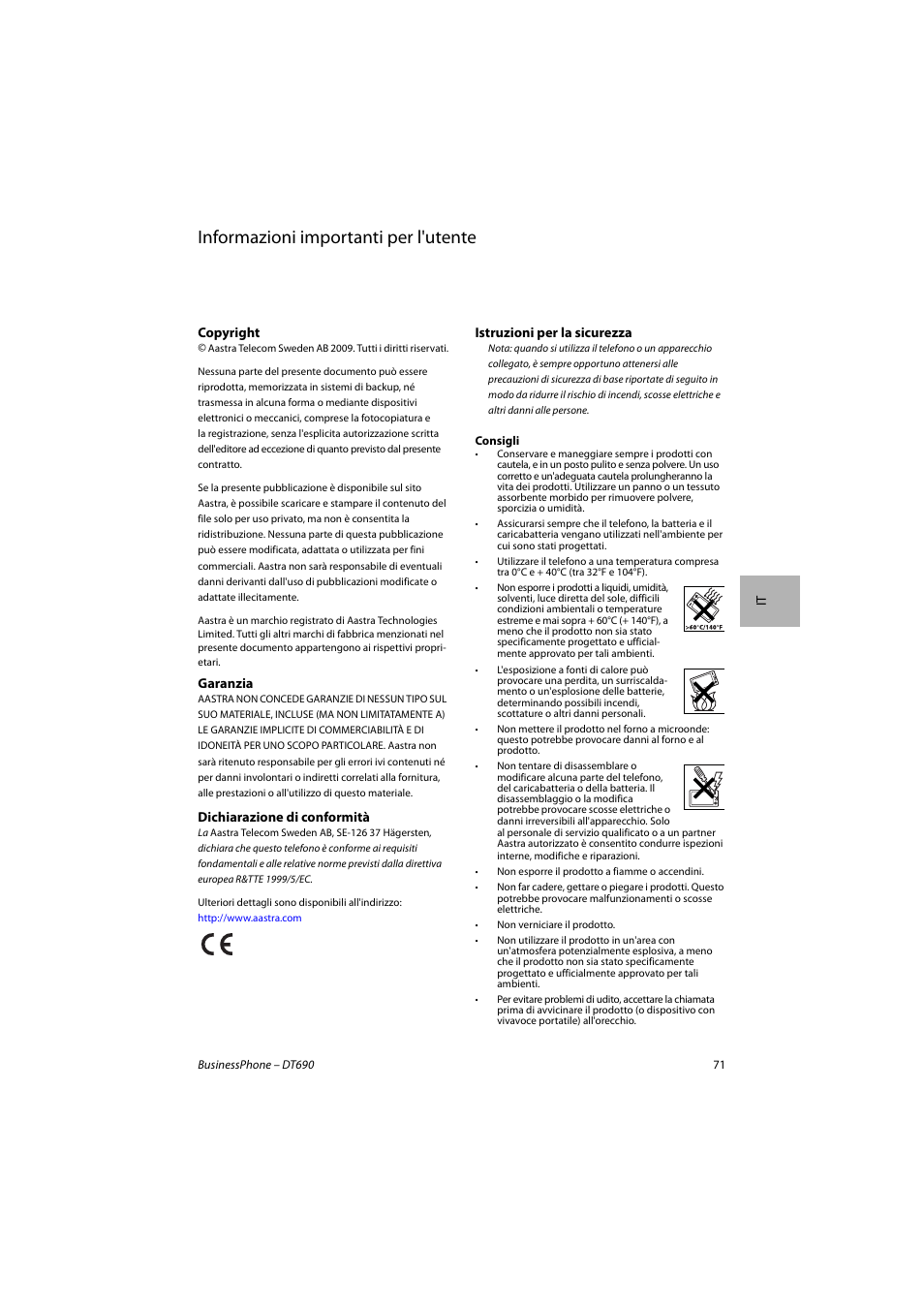 Italiano, Informazioni importanti per l'utente | AASTRA DT690 for BusinessPhone Quick Reference Guide User Manual | Page 71 / 176