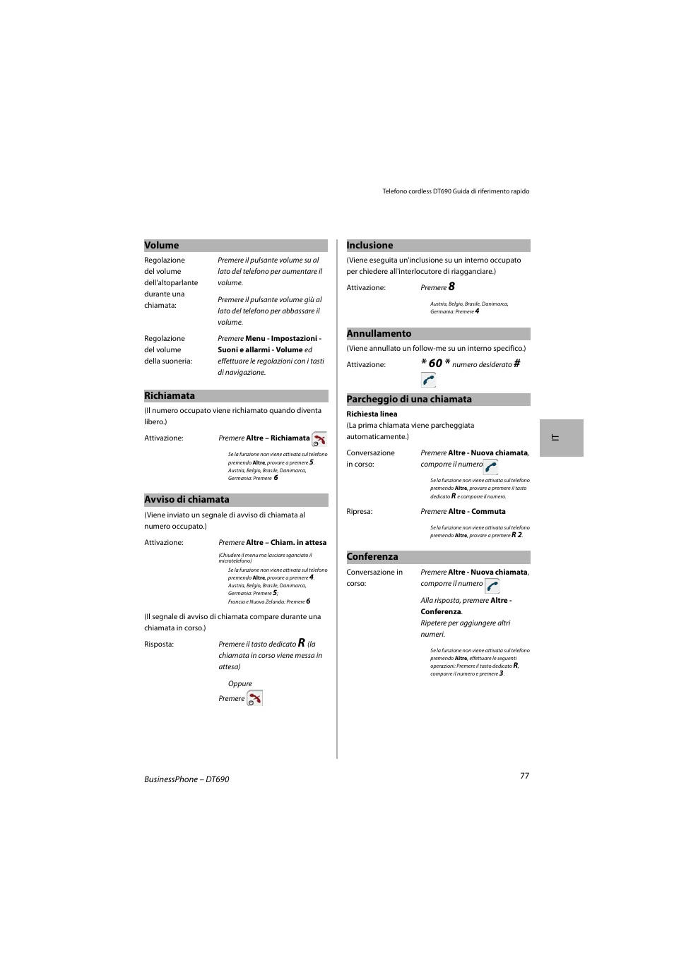 It volume, Richiamata, Avviso di chiamata | Inclusione, Annullamento, Parcheggio di una chiamata, Conferenza | AASTRA DT690 for BusinessPhone Quick Reference Guide User Manual | Page 77 / 176