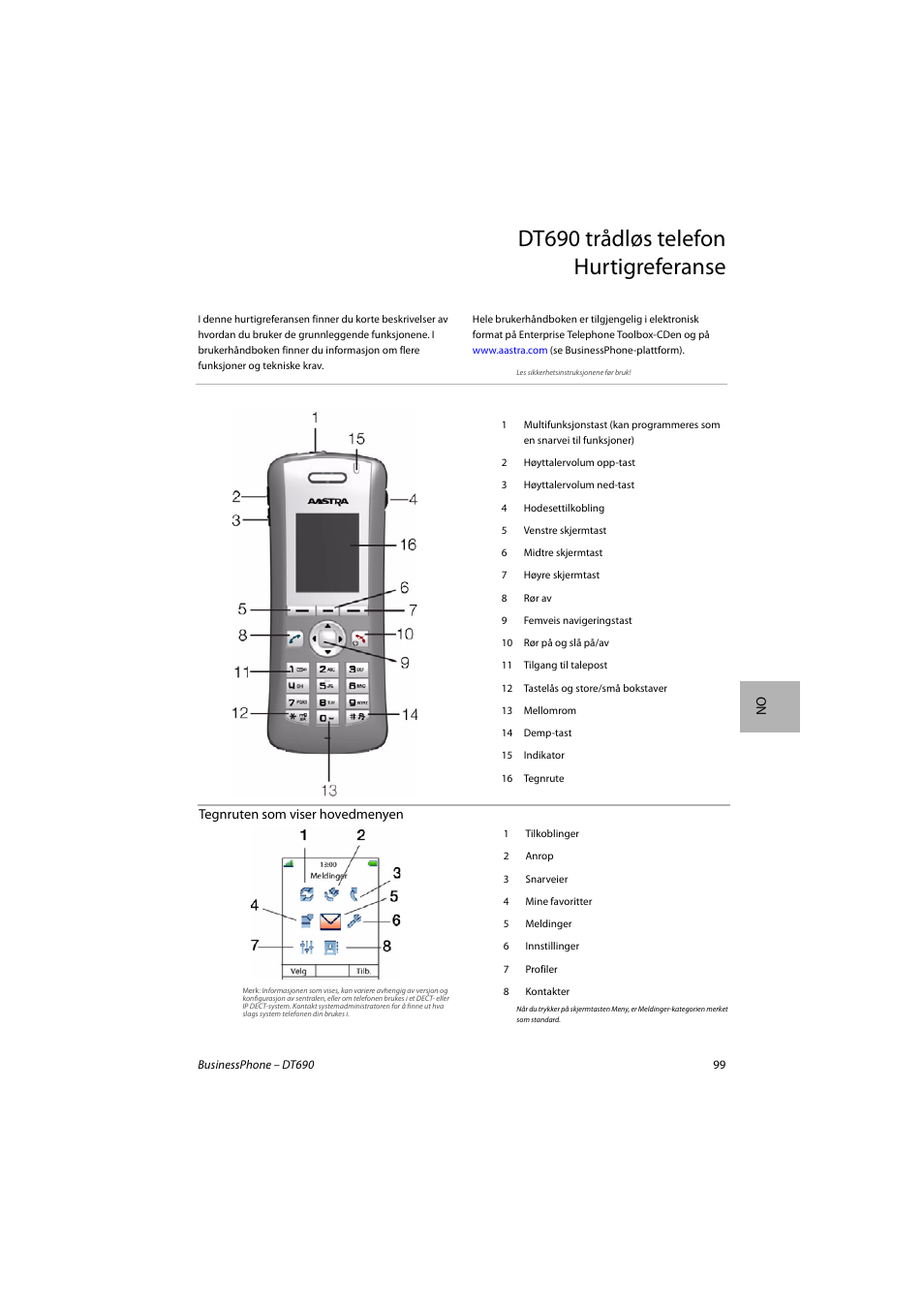 Dt690 trådløs telefon hurtigreferanse | AASTRA DT690 for BusinessPhone Quick Reference Guide User Manual | Page 99 / 176