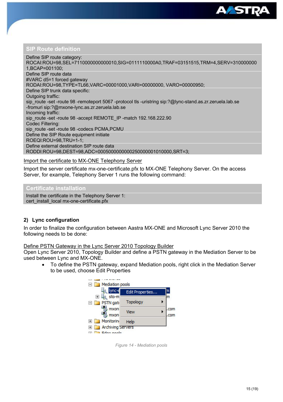 2) lync configuration | AASTRA MX-ONE_A700_MS Lync 2010 Quick Setup Guide User Manual | Page 15 / 19