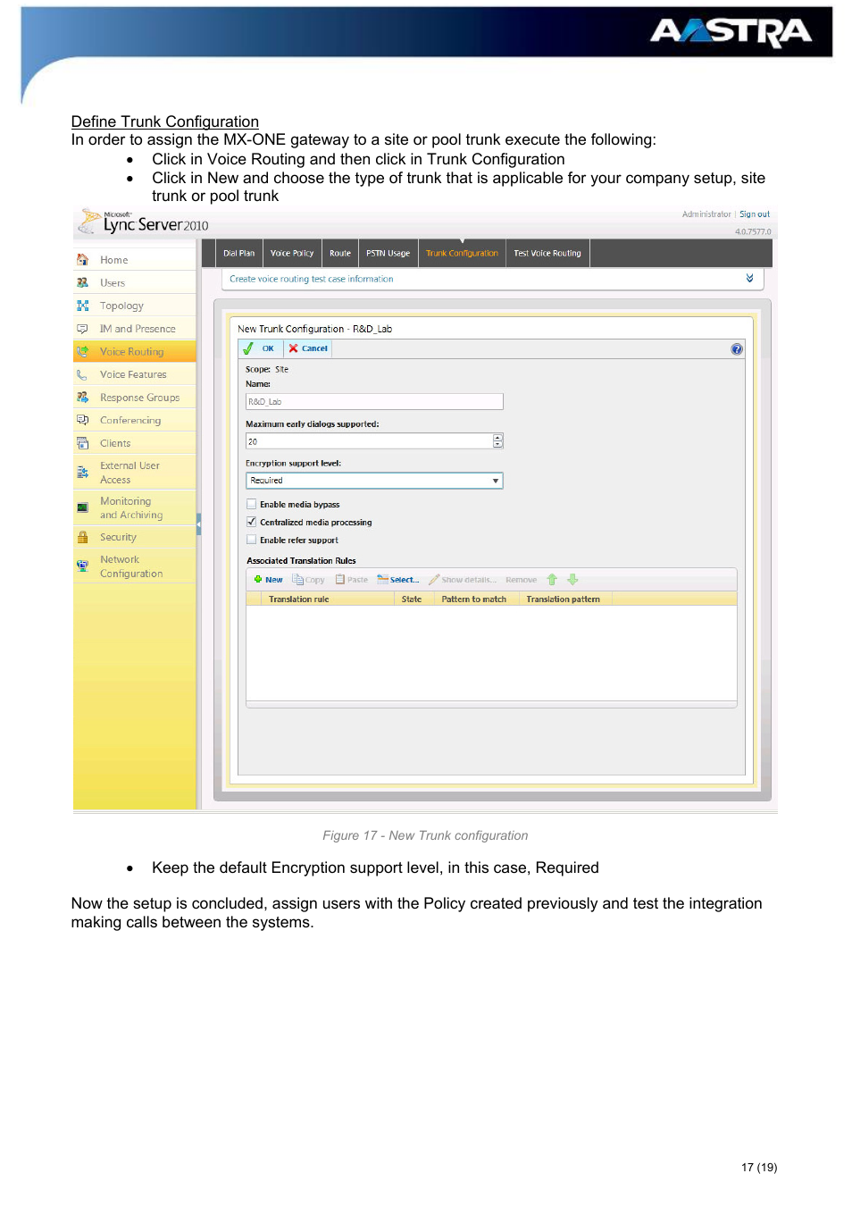 AASTRA MX-ONE_A700_MS Lync 2010 Quick Setup Guide User Manual | Page 17 / 19