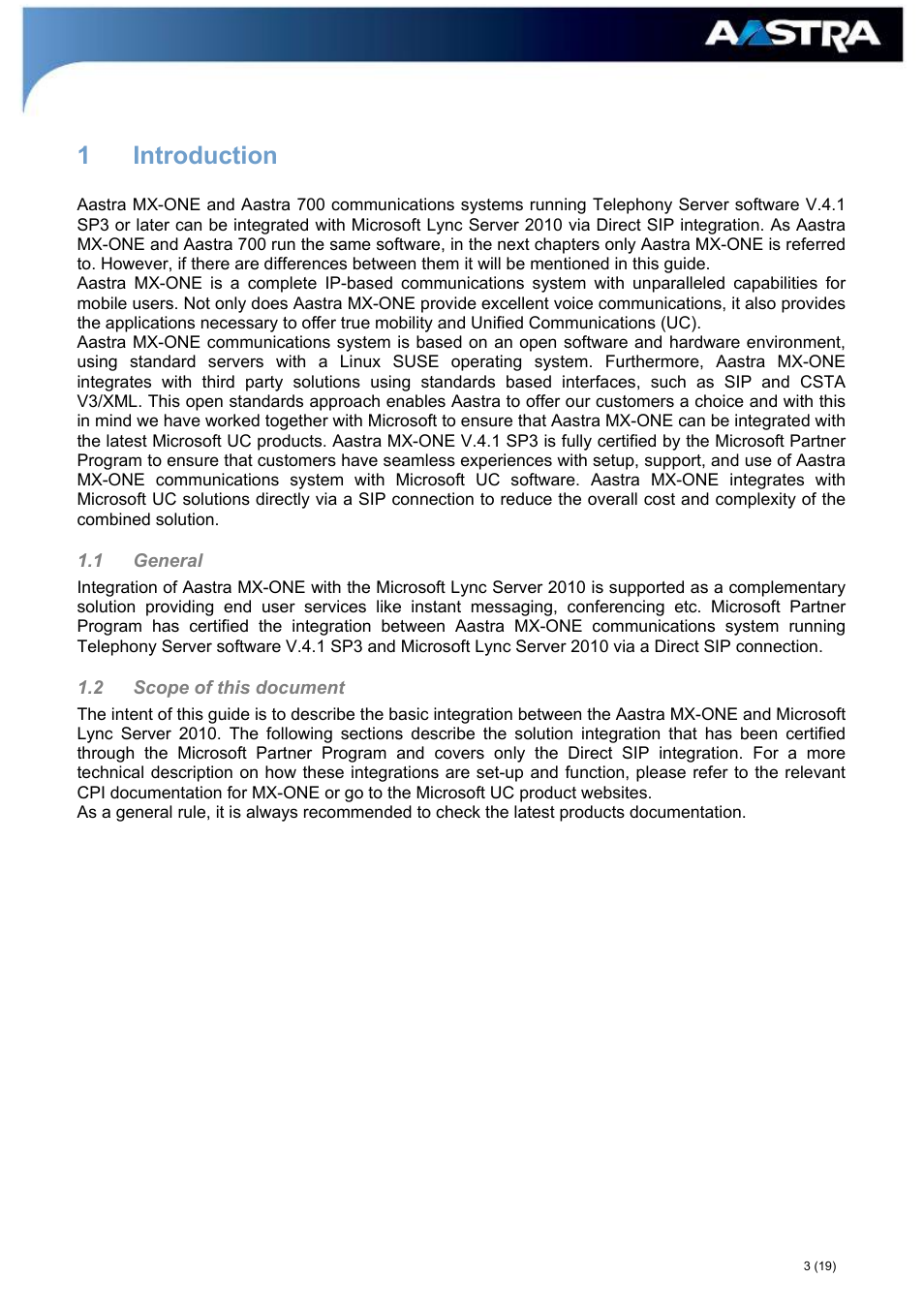 Introduction, General, Scope of this document | 1 introduction | AASTRA MX-ONE_A700_MS Lync 2010 Quick Setup Guide User Manual | Page 3 / 19