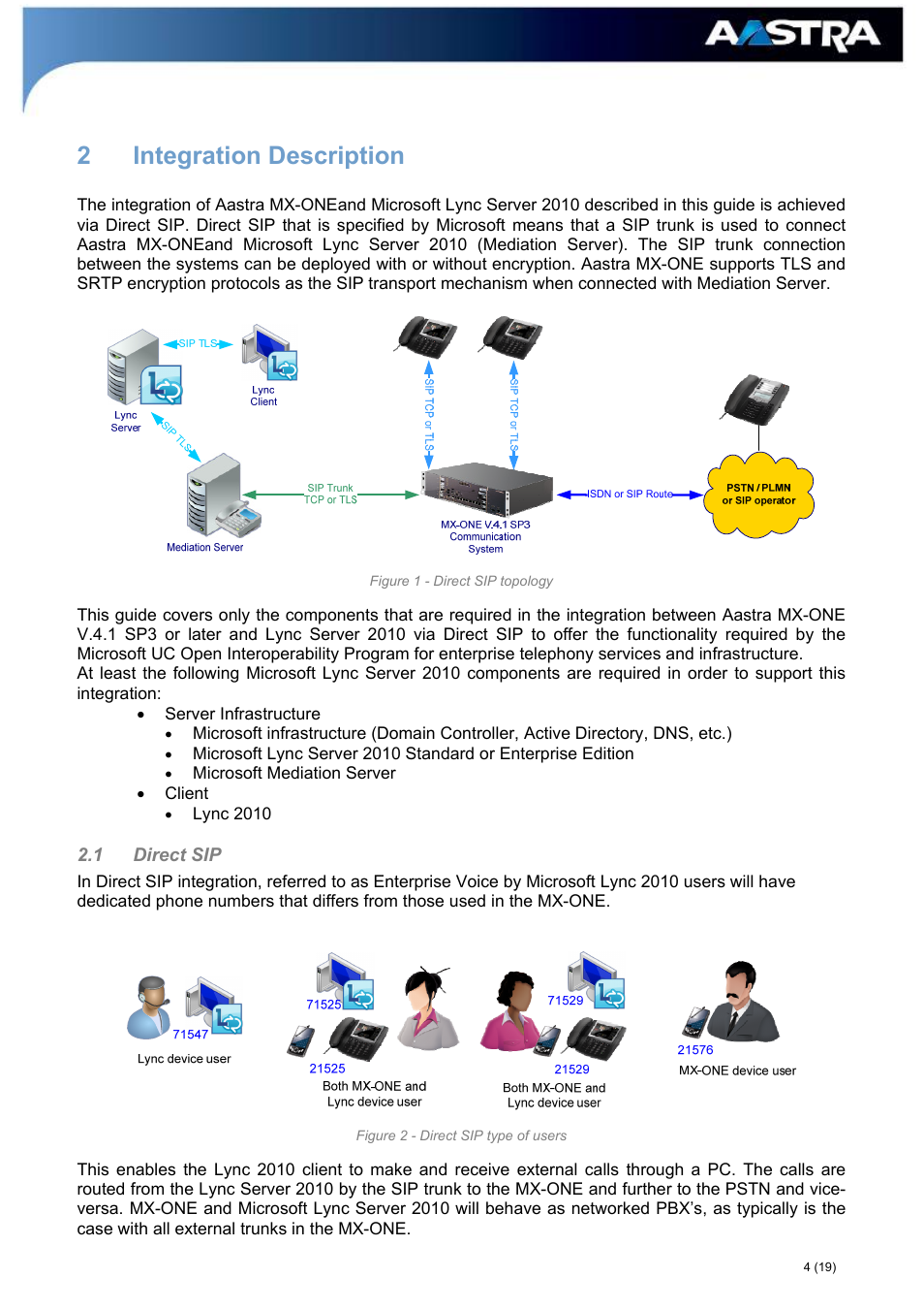 Integration description, Direct sip, 2 integration description | AASTRA MX-ONE_A700_MS Lync 2010 Quick Setup Guide User Manual | Page 4 / 19