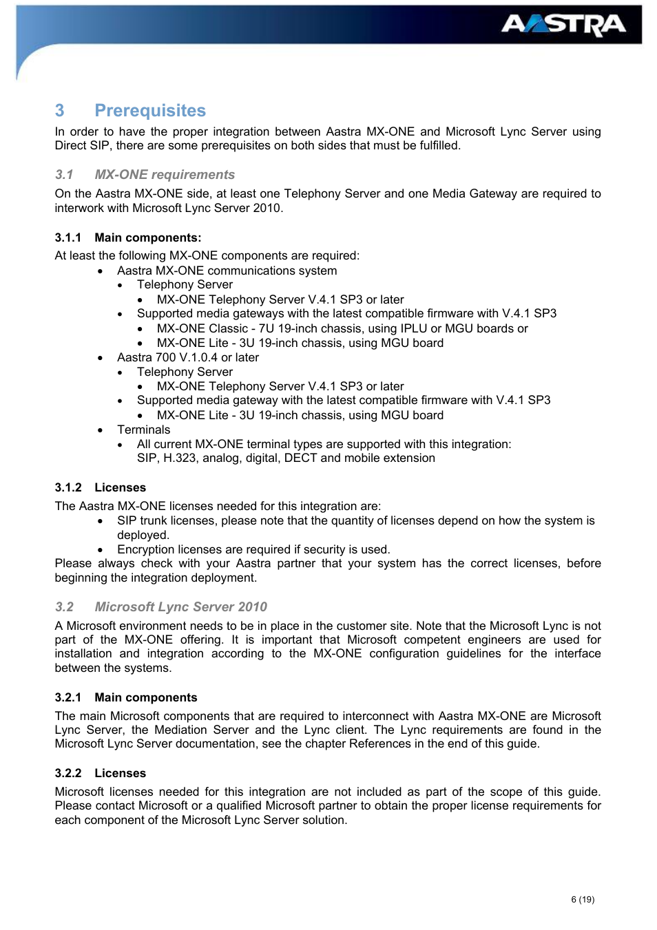 1 main components, 2 licenses, Prerequisites | Mx-one requirements, Main components, Licenses, Microsoft lync server 2010, 3 prerequisites | AASTRA MX-ONE_A700_MS Lync 2010 Quick Setup Guide User Manual | Page 6 / 19