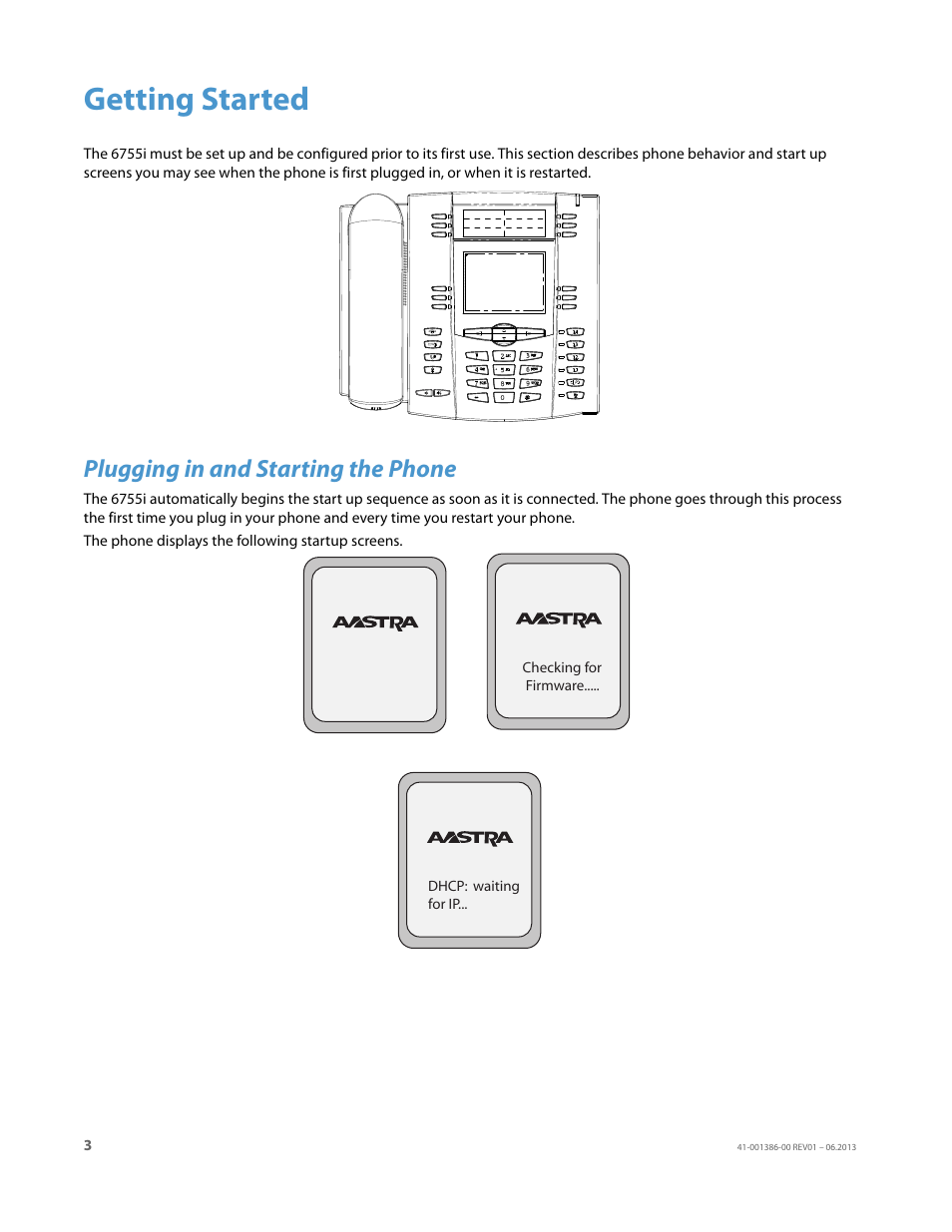 Getting started, Plugging in and starting the phone | AASTRA 6755i User Guide EN User Manual | Page 10 / 221