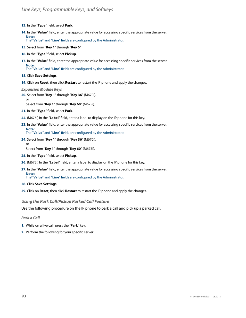 Using the park call/pickup parked call feature, Line keys, programmable keys, and softkeys | AASTRA 6755i User Guide EN User Manual | Page 100 / 221