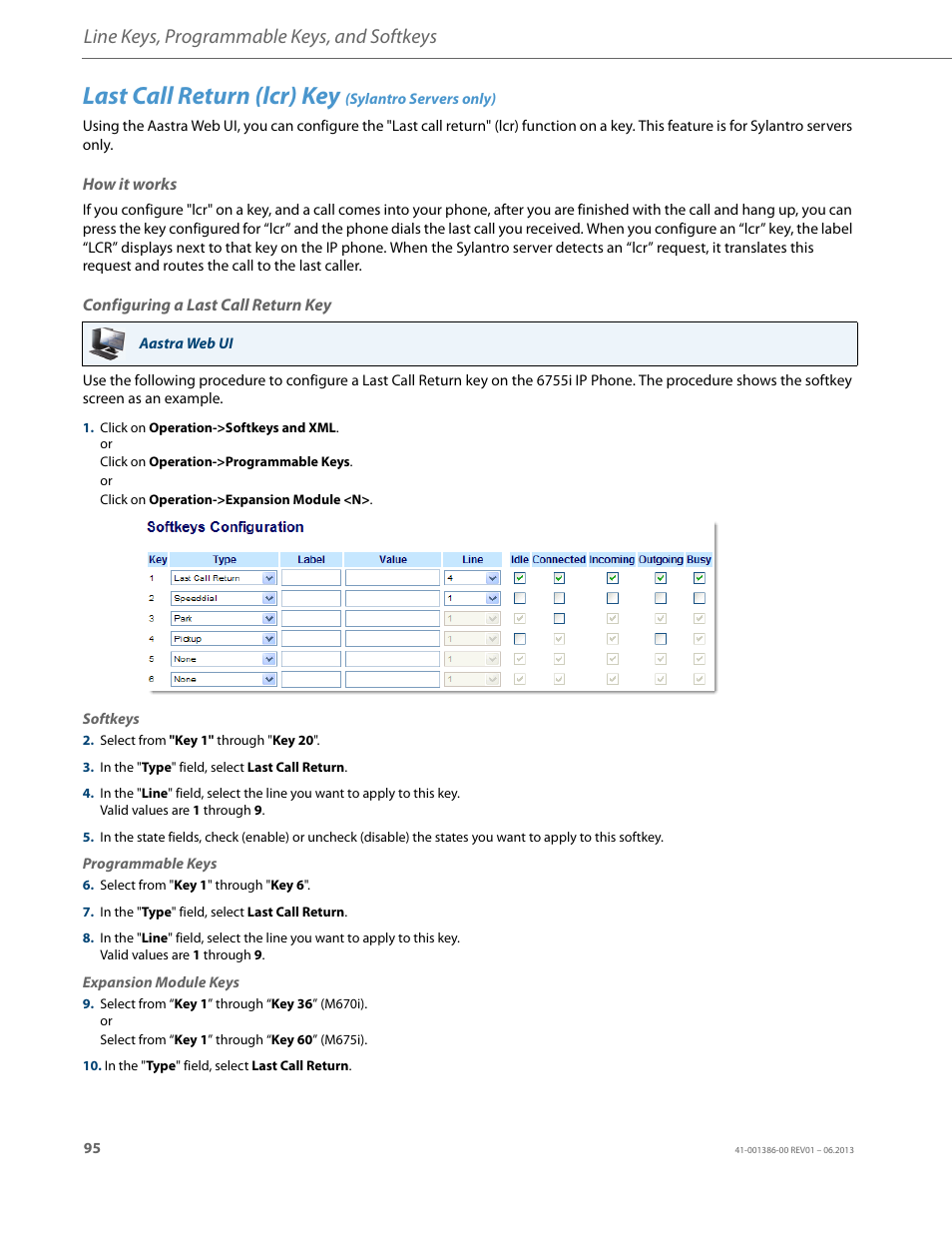 Last call return (lcr) key (sylantro servers only), How it works, Configuring a last call return key | Last call return (lcr) key, Line keys, programmable keys, and softkeys | AASTRA 6755i User Guide EN User Manual | Page 102 / 221
