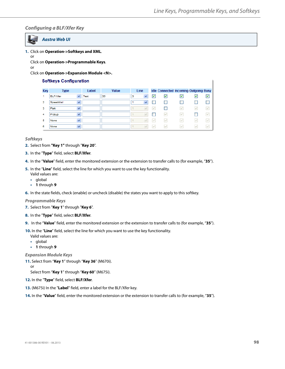 Configuring a blf/xfer key, Line keys, programmable keys, and softkeys | AASTRA 6755i User Guide EN User Manual | Page 105 / 221