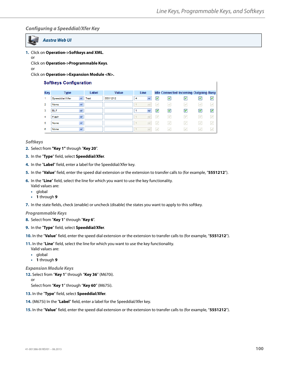 Configuring a speeddial/xfer key, Line keys, programmable keys, and softkeys | AASTRA 6755i User Guide EN User Manual | Page 107 / 221