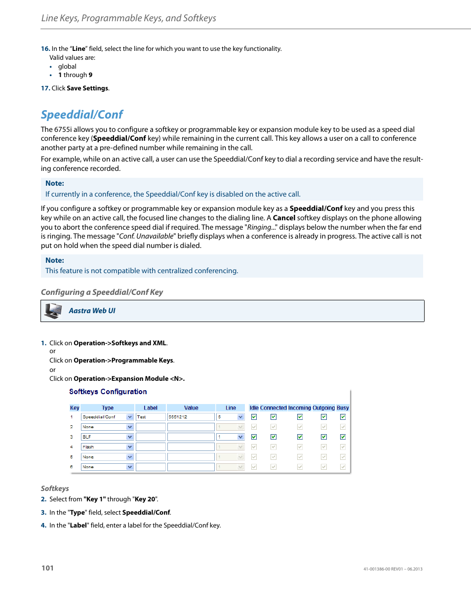 Speeddial/conf, Configuring a speeddial/conf key, Line keys, programmable keys, and softkeys | AASTRA 6755i User Guide EN User Manual | Page 108 / 221