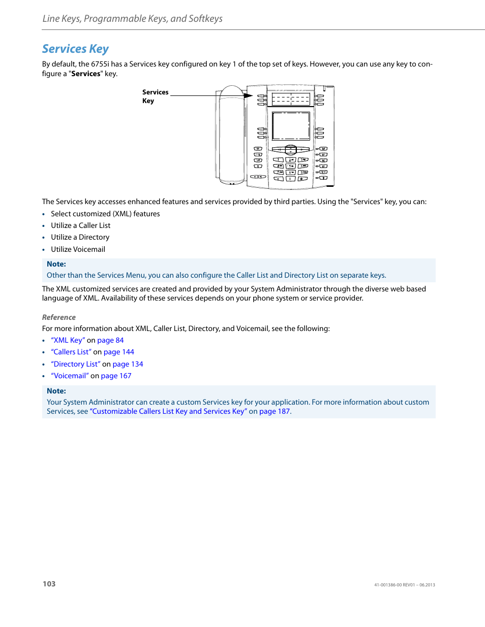 Services key, Line keys, programmable keys, and softkeys | AASTRA 6755i User Guide EN User Manual | Page 110 / 221