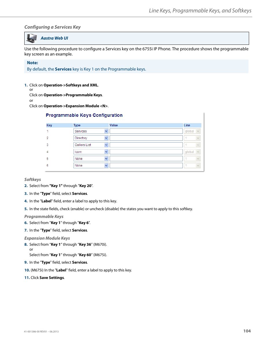 Configuring a services key, Line keys, programmable keys, and softkeys | AASTRA 6755i User Guide EN User Manual | Page 111 / 221