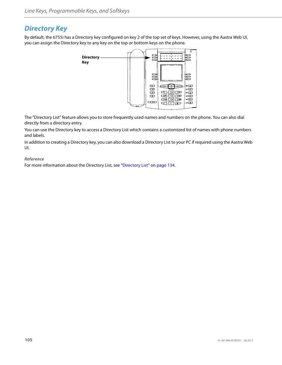 Directory key, Line keys, programmable keys, and softkeys | AASTRA 6755i User Guide EN User Manual | Page 112 / 221