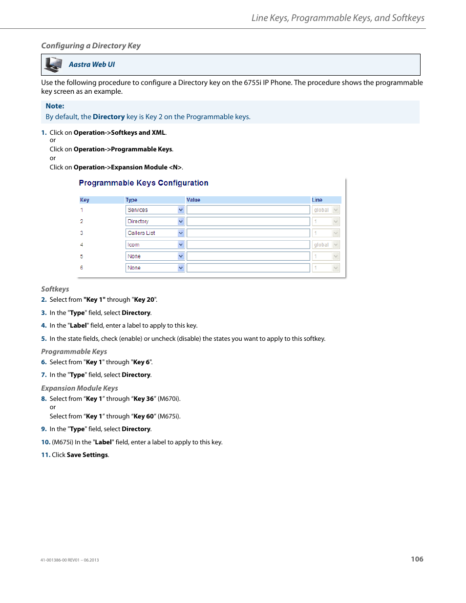 Configuring a directory key, Line keys, programmable keys, and softkeys | AASTRA 6755i User Guide EN User Manual | Page 113 / 221