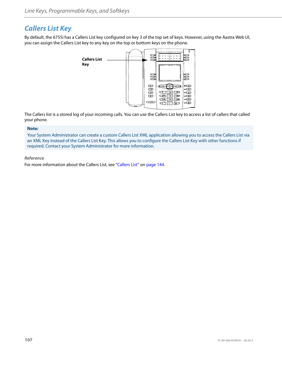 Callers list key, Line keys, programmable keys, and softkeys | AASTRA 6755i User Guide EN User Manual | Page 114 / 221