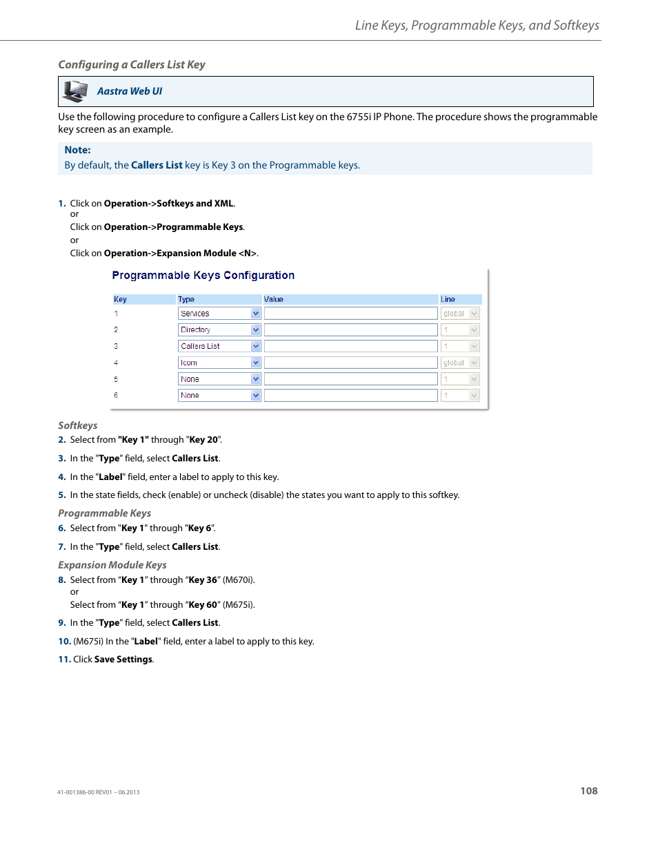 Configuring a callers list key, Line keys, programmable keys, and softkeys | AASTRA 6755i User Guide EN User Manual | Page 115 / 221