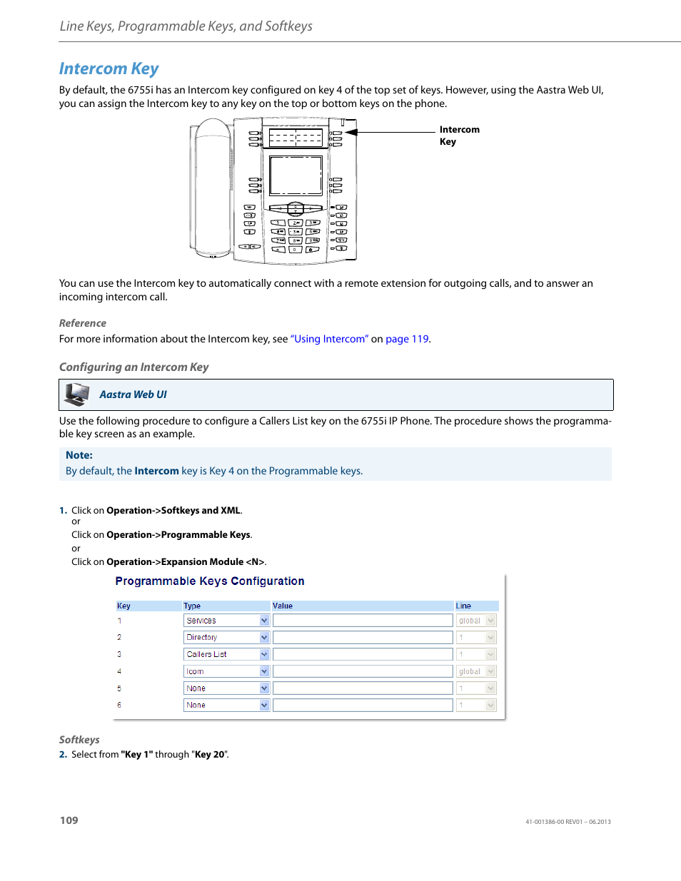 Intercom key, Configuring an intercom key, Line keys, programmable keys, and softkeys | AASTRA 6755i User Guide EN User Manual | Page 116 / 221