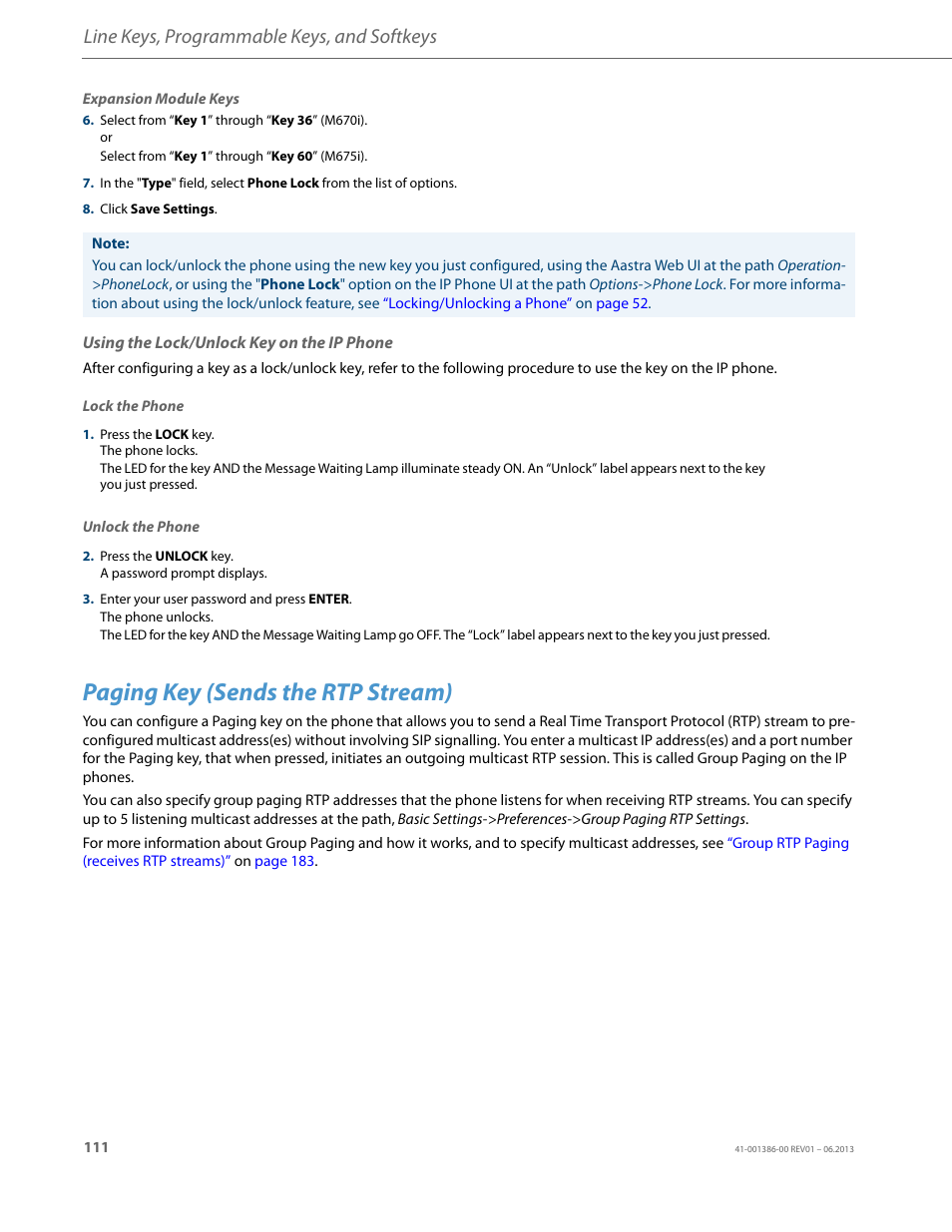 Using the lock/unlock key on the ip phone, Paging key (sends the rtp stream), Line keys, programmable keys, and softkeys | AASTRA 6755i User Guide EN User Manual | Page 118 / 221