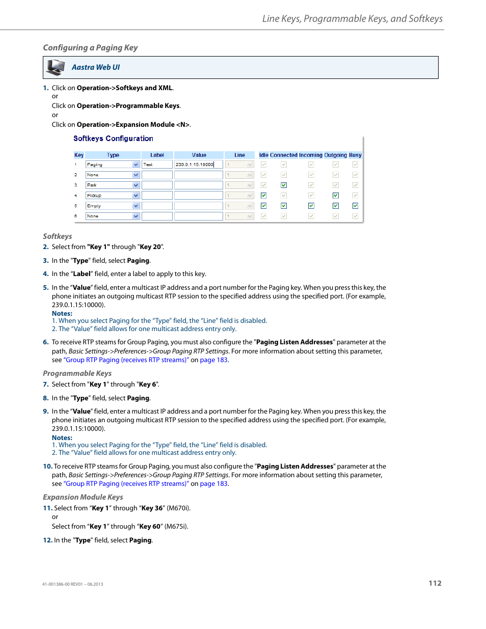 Configuring a paging key, Line keys, programmable keys, and softkeys | AASTRA 6755i User Guide EN User Manual | Page 119 / 221