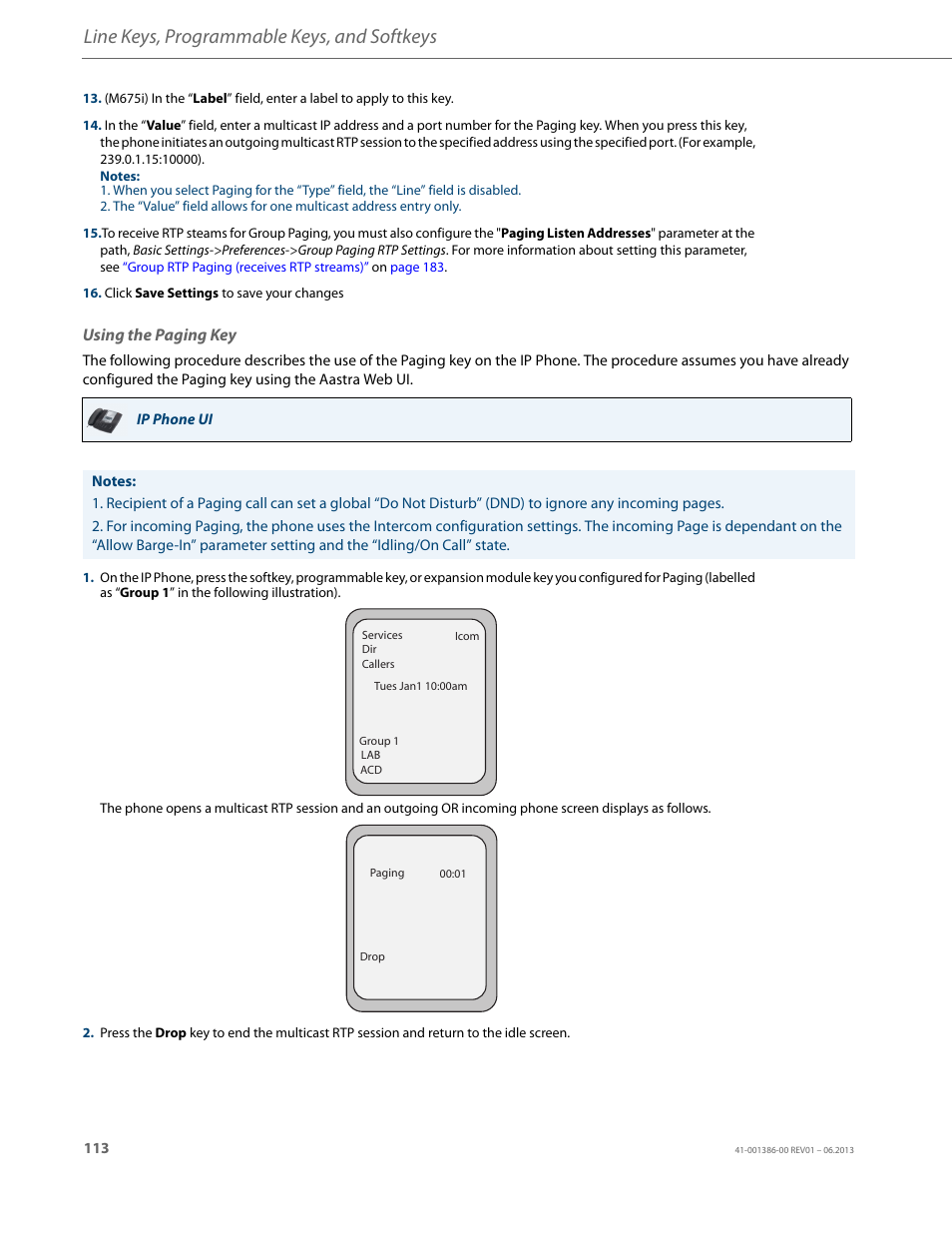 Using the paging key, Line keys, programmable keys, and softkeys | AASTRA 6755i User Guide EN User Manual | Page 120 / 221