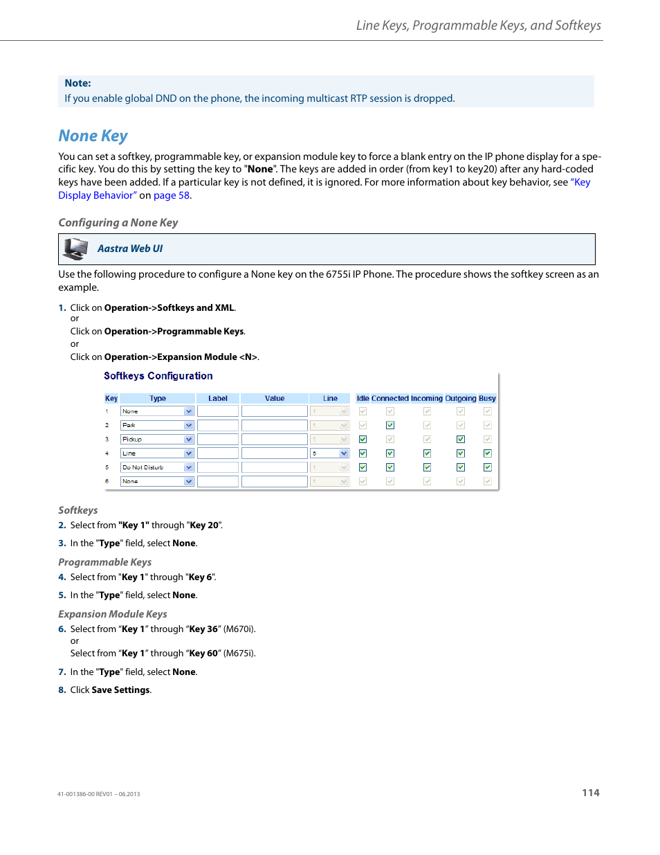 None key, Configuring a none key, Line keys, programmable keys, and softkeys | AASTRA 6755i User Guide EN User Manual | Page 121 / 221