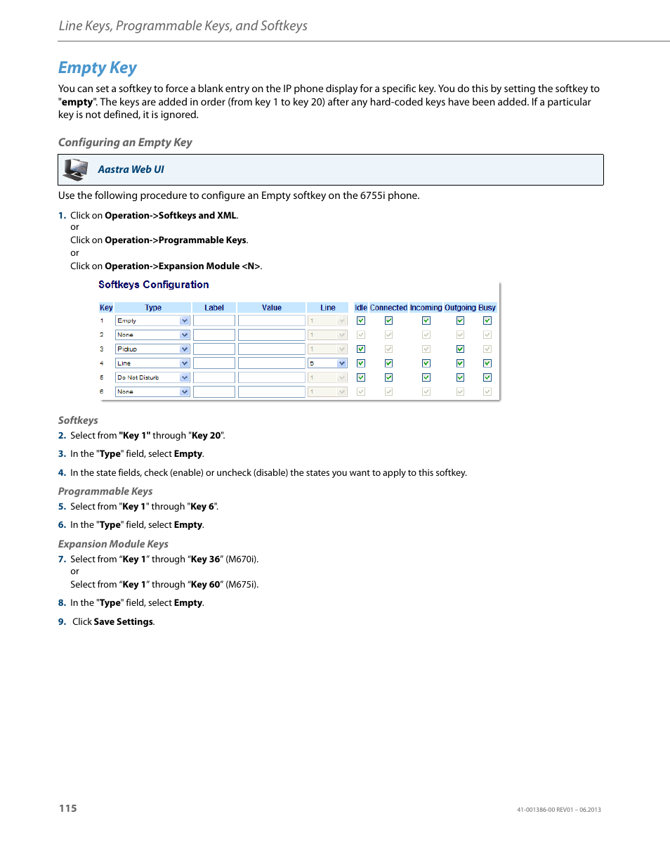 Empty key, Configuring an empty key, Line keys, programmable keys, and softkeys | AASTRA 6755i User Guide EN User Manual | Page 122 / 221