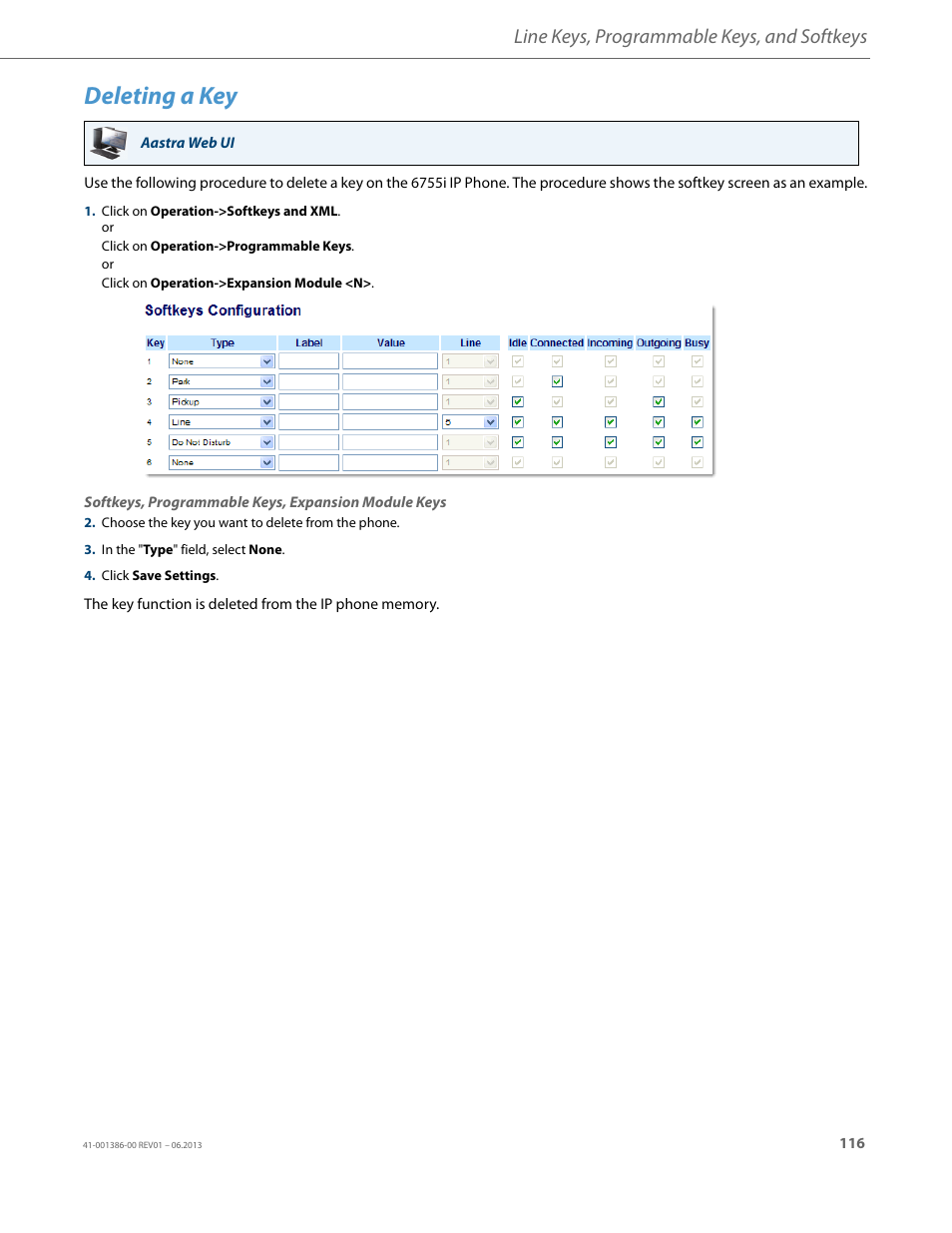 Deleting a key, Line keys, programmable keys, and softkeys | AASTRA 6755i User Guide EN User Manual | Page 123 / 221