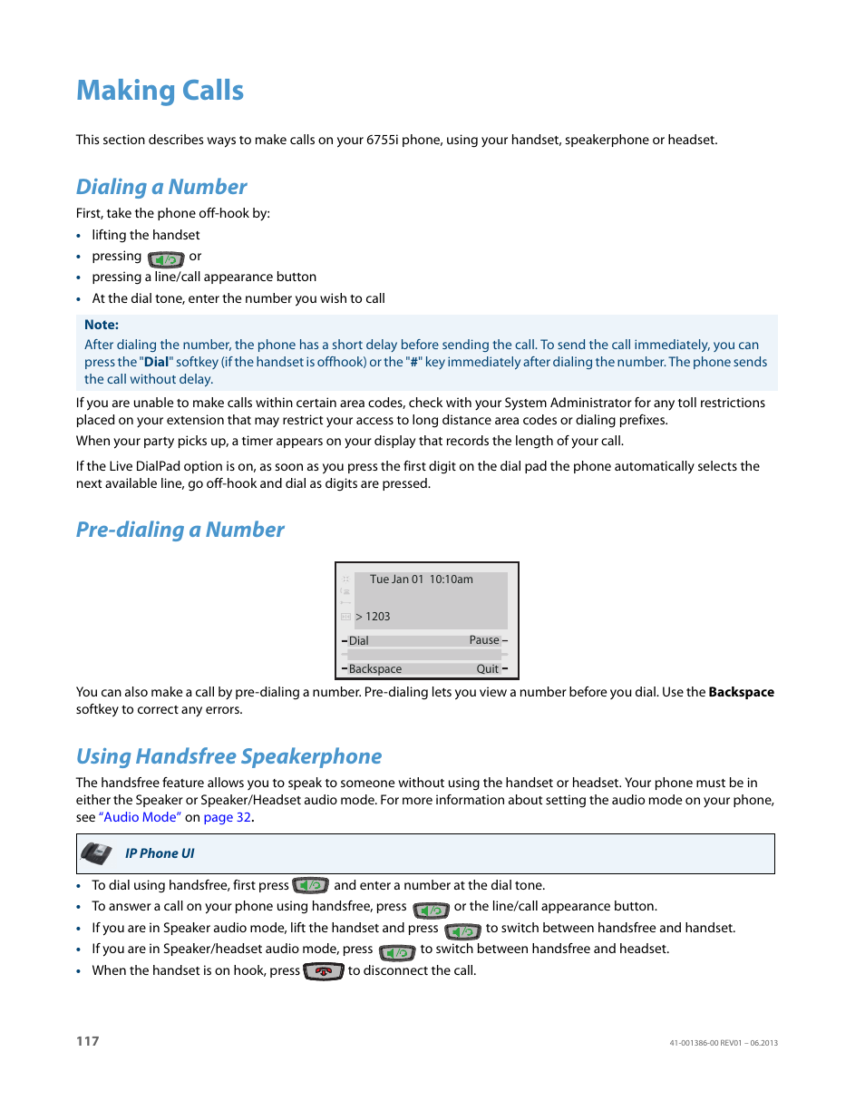 Making calls, Dialing a number, Pre-dialing a number | Using handsfree speakerphone | AASTRA 6755i User Guide EN User Manual | Page 124 / 221