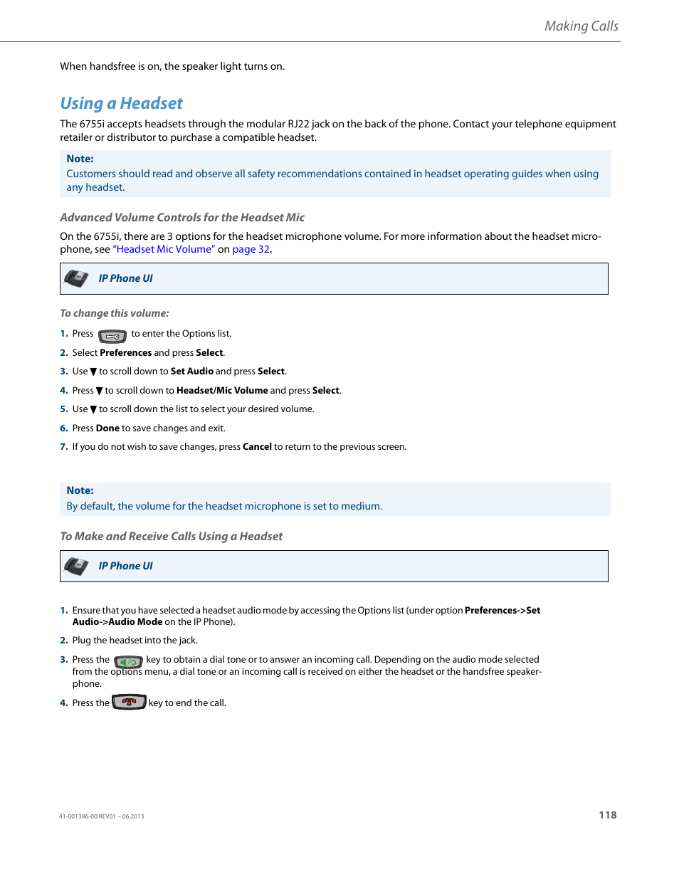 Using a headset, Advanced volume controls for the headset mic, To make and receive calls using a headset | Making calls | AASTRA 6755i User Guide EN User Manual | Page 125 / 221