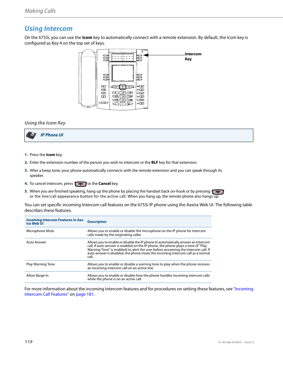 Using intercom, Using the icom key, Making calls | AASTRA 6755i User Guide EN User Manual | Page 126 / 221