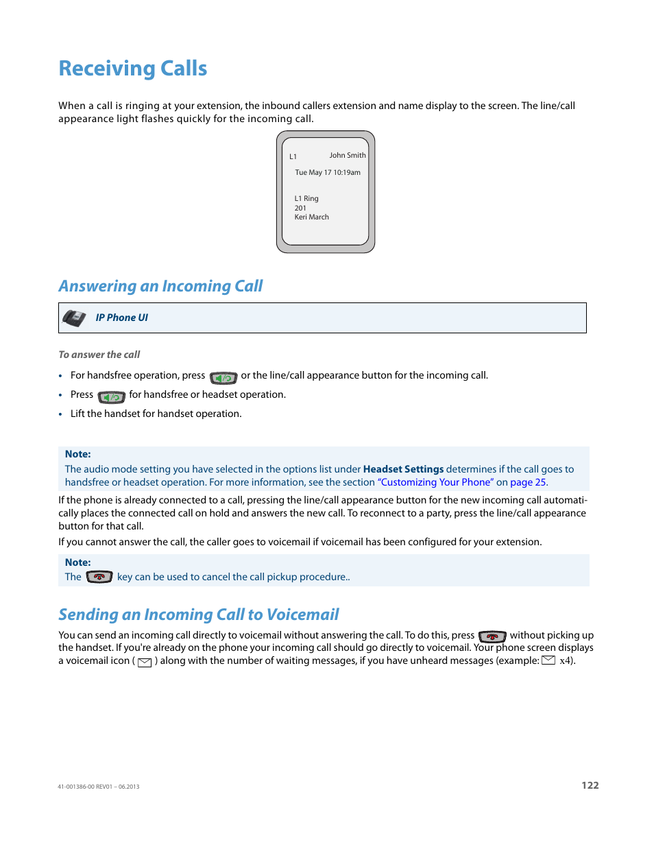 Receiving calls, Answering an incoming call, Sending an incoming call to voicemail | AASTRA 6755i User Guide EN User Manual | Page 129 / 221