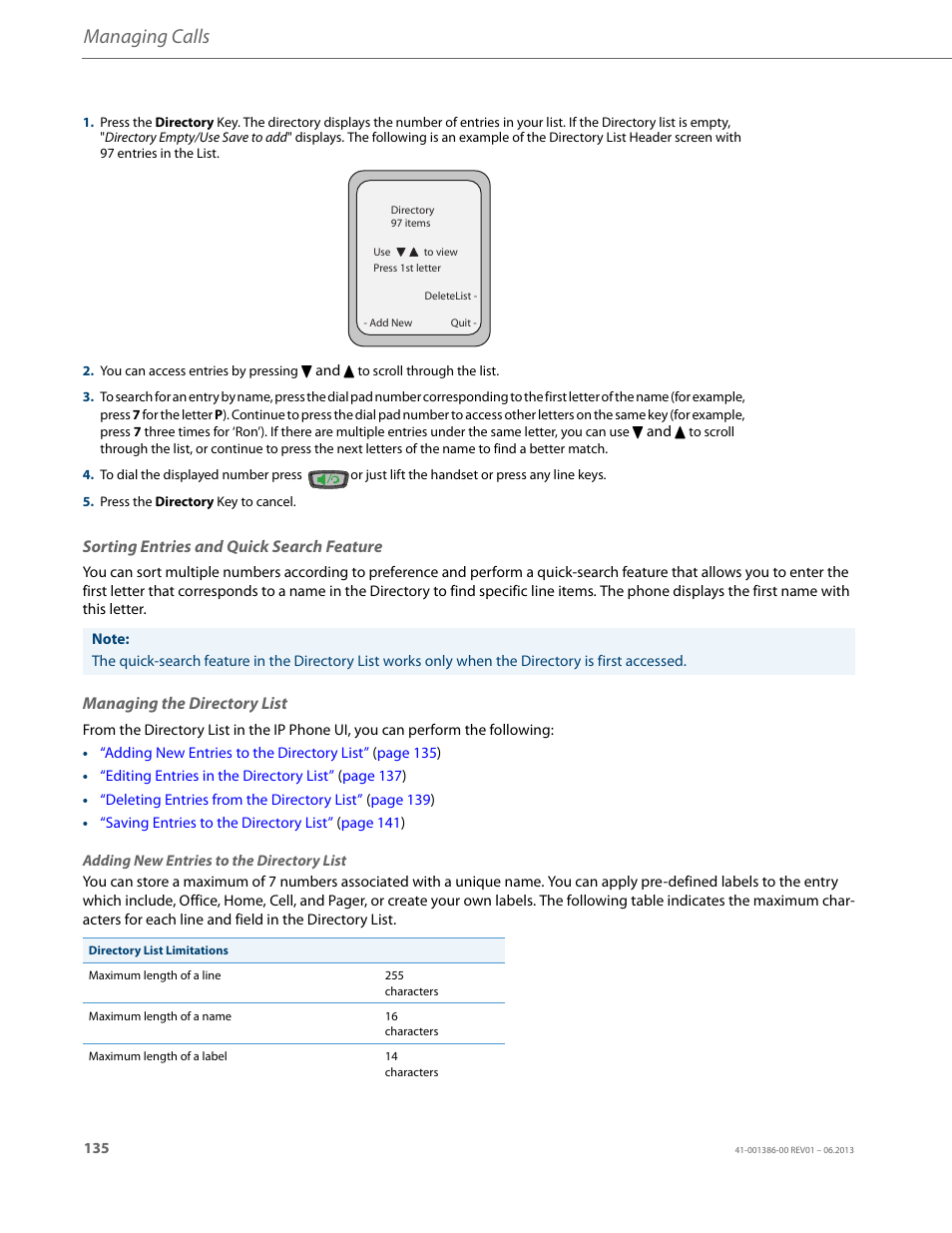 Sorting entries and quick search feature, Managing the directory list, Managing calls | AASTRA 6755i User Guide EN User Manual | Page 142 / 221