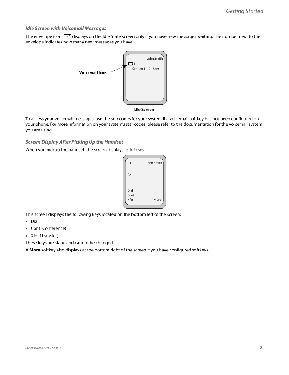 Idle screen with voicemail messages, Screen display after picking up the handset, Getting started | AASTRA 6755i User Guide EN User Manual | Page 15 / 221