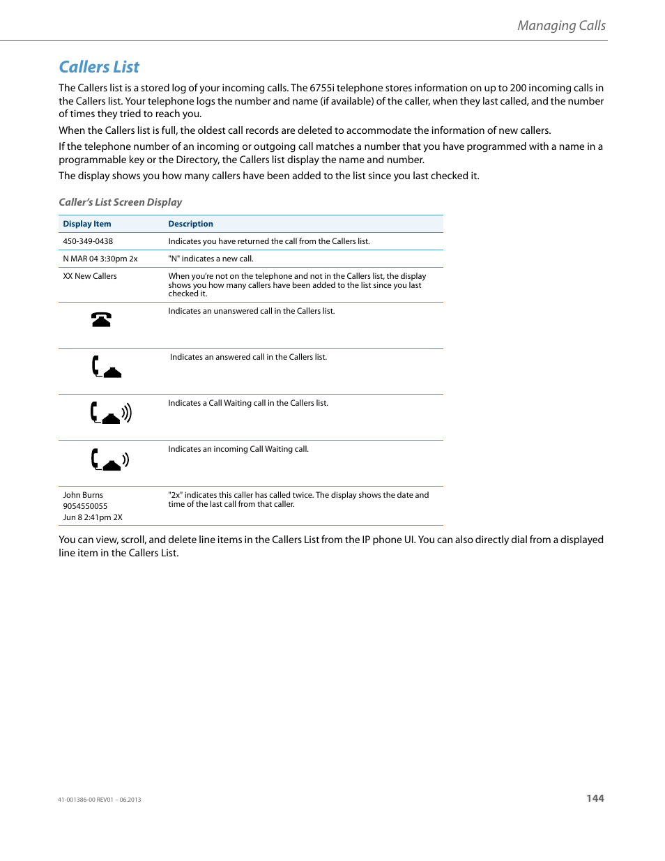 Callers list, Managing calls | AASTRA 6755i User Guide EN User Manual | Page 151 / 221