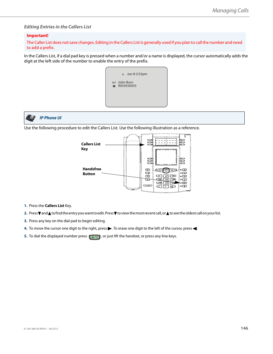 Editing entries in the callers list, Managing calls | AASTRA 6755i User Guide EN User Manual | Page 153 / 221