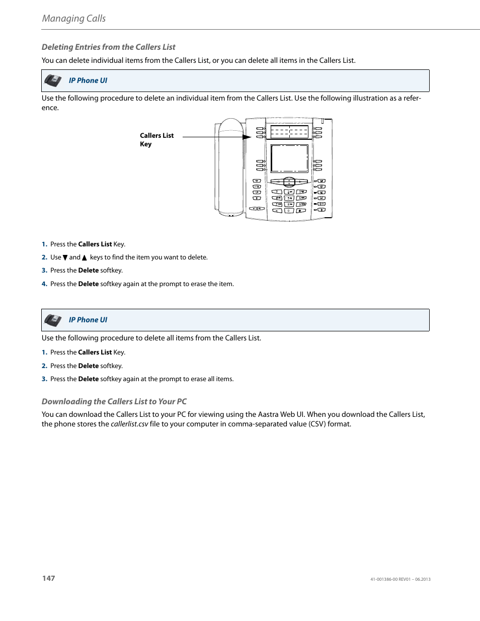 Deleting entries from the callers list, Downloading the callers list to your pc, Managing calls | AASTRA 6755i User Guide EN User Manual | Page 154 / 221