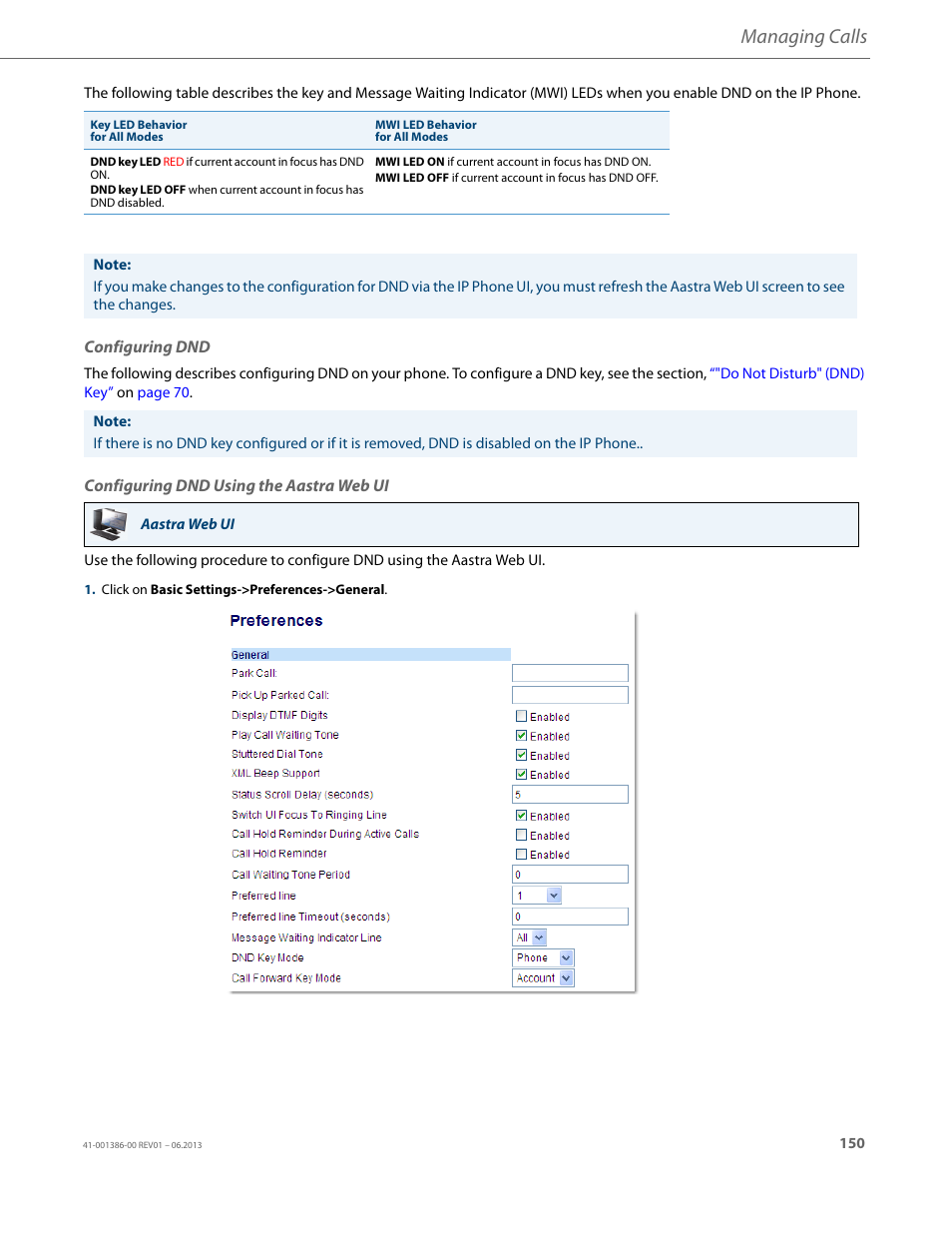 Configuring dnd, Configuring dnd using the aastra web ui, Managing calls | AASTRA 6755i User Guide EN User Manual | Page 157 / 221