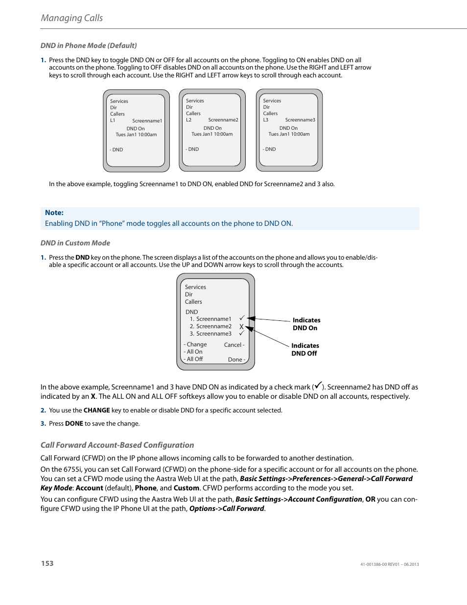 Call forward account-based configuration, Managing calls | AASTRA 6755i User Guide EN User Manual | Page 160 / 221